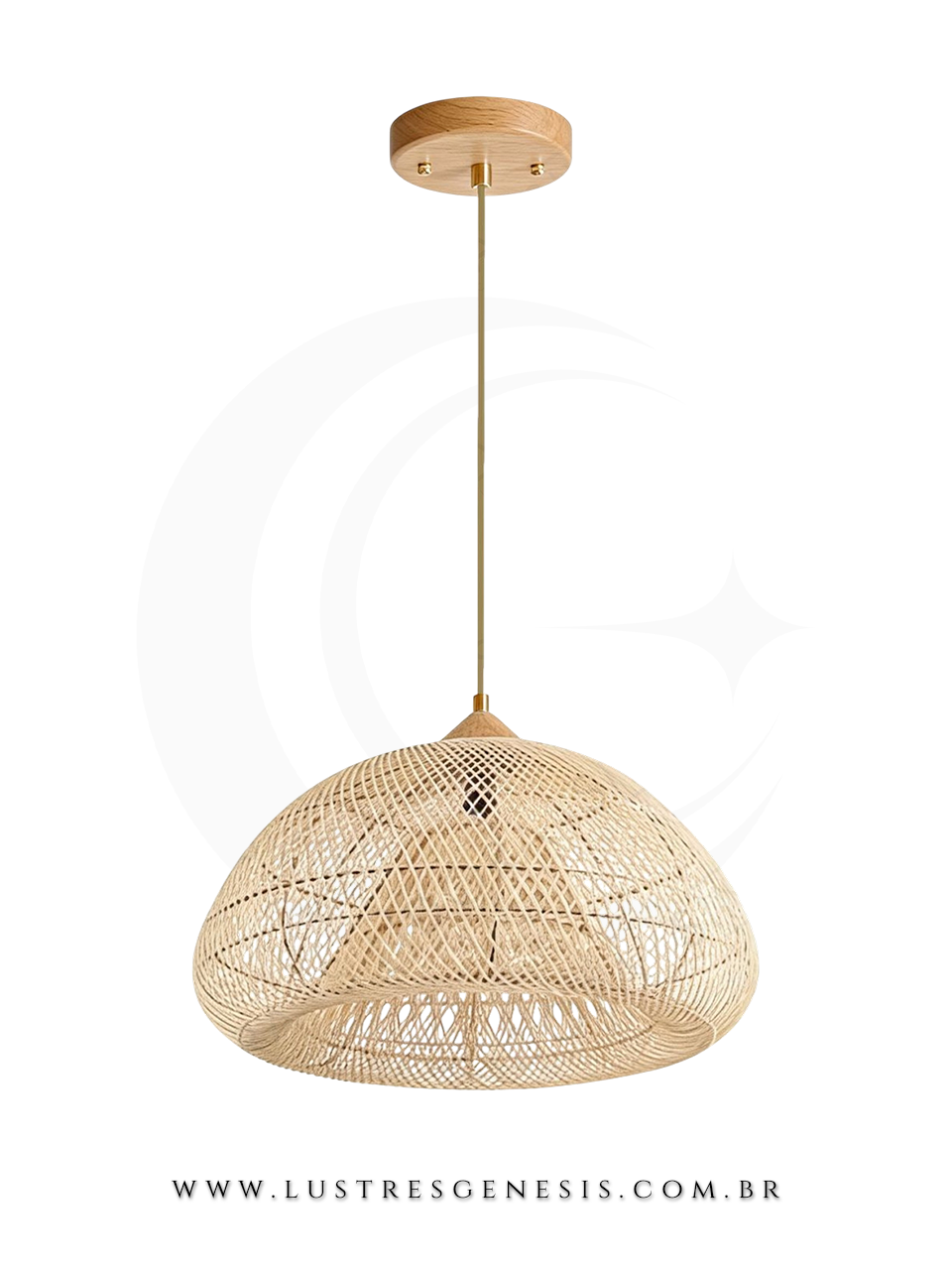 L&uacute;minaria Pendente de Rattan Natural &Oslash;60cm Dourado com Canopla Madeira para Bancada Cozinha &Aacute;rea Gourmet, Lavabo, Cabeceira